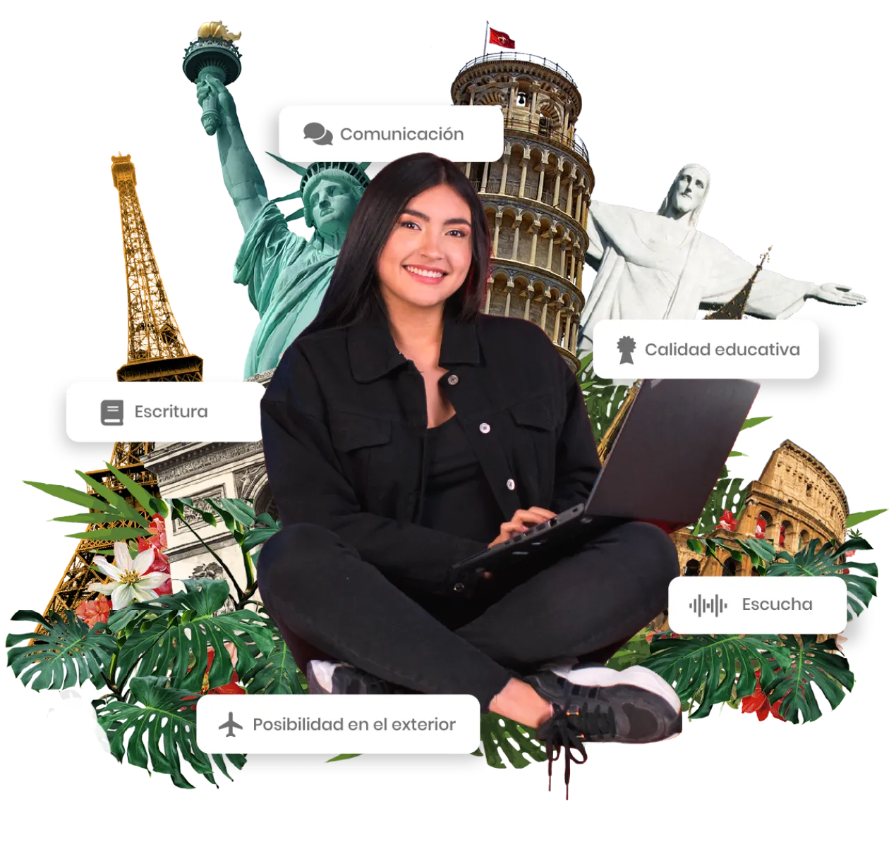 Ilustración de una estudiante de Smart Online rodeada de sus dispositivos